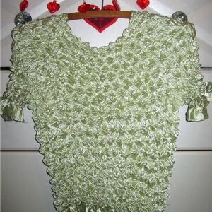 light green 90s vintage chic gathered satin popcorn blouse